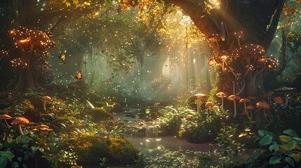 Fototapeta na wymiar An image depicting a magical moment in an enchanted forest, where the natural world seems alive with mystical creatures and ethereal light, inviting the viewer into a world of wonder and fantasy.
