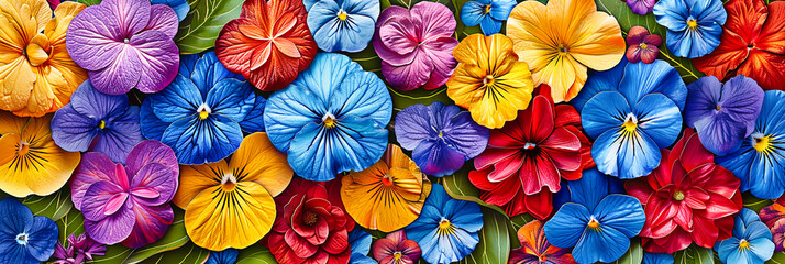 Fototapeta na wymiar Colorful Pansy Flowers, Bright Spring Beauty, Vibrant Garden Flora, Artistic Pattern and Texture