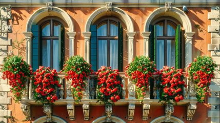 Fototapeta na wymiar Colorful Window Boxes on a Historic Building, Adding a Touch of Natures Beauty to the Urban Environment