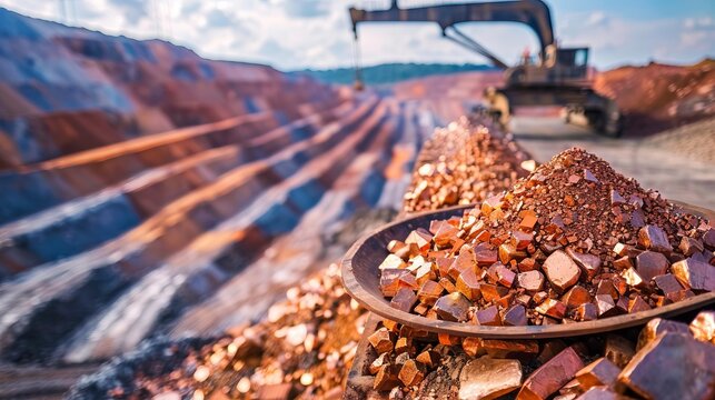 Electric rope shovel and dump truck at a copper mine