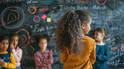 Back view of multicultural student writing prompt at board while skilled girl looking at camera while crossing arm with confident. Group of happy children planning idea by using blackboard. Pedagogy.