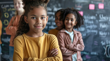 Fototapeta premium Back view of multicultural student writing prompt at board while skilled girl looking at camera while crossing arm with confident. Group of happy children planning idea by using blackboard. Pedagogy.
