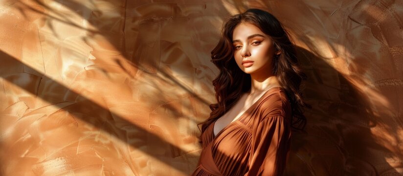 A woman wearing a brown dress is standing gracefully in front of a textured wall, showcasing elegance and poise