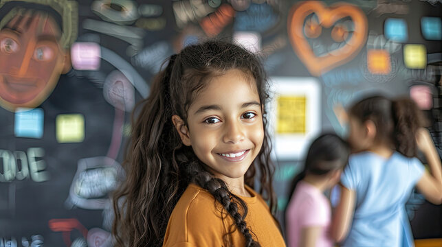 Back view of multicultural student writing prompt at board while skilled girl looking at camera while crossing arm with confident. Group of happy children planning idea by using blackboard. Pedagogy.