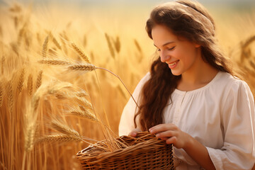 Jewish woman collects ears of wheat in a wicker basket. AI generation.