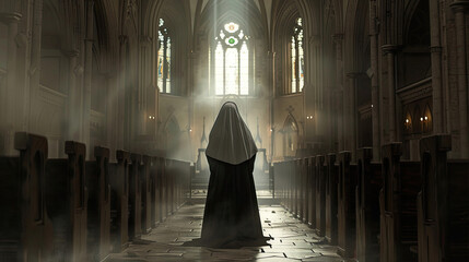 Back view of nun in church created.