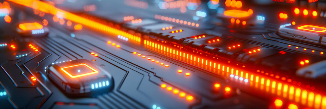 Computer Processor and Circuit Detail, High-Tech Hardware and Technology Concept, Blue and Red Background