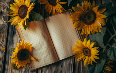 Sunflowers laying next to an open vintage notebook with copy space.