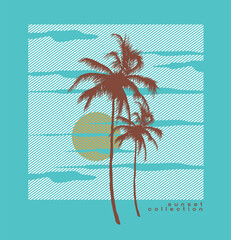 Drawing of coconut trees with geometric background. Editable vector art.