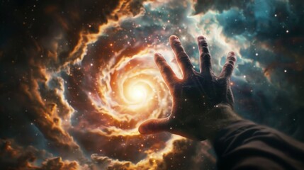 A hand reaches out towards a swirling vortex of intergalactic dust and gas symbolizing the infinite potential and mysteries that lie within the depths of the universe. . - obrazy, fototapety, plakaty