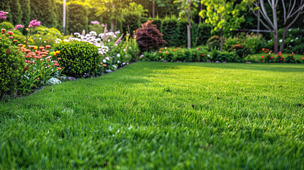 Beautiful manicured lawn and flowerbed with deciduous shrubs on plot or Park outdoor. Green lawn closely mowed grass. - obrazy, fototapety, plakaty