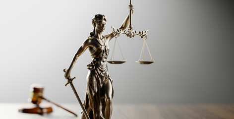 Legal Concept: Themis is the goddess of justice and the judge's gavel hammer as a symbol of law and order - 781745721
