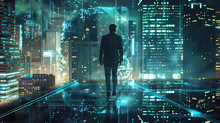 Business technology concept Professional businessman walking on a futuristic city network and futuristic graphic interface at night.