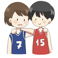 two boys wearing basketball uniforms, one is hugging the other