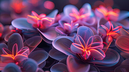 Fototapeta premium Decorative volumetric flowers with neon lighting.