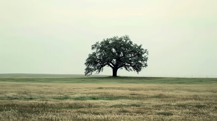 Fototapeta na wymiar Majestic Solitary Tree in Vast Open Field.