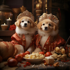 Two dogs dressed in orange and white costumes sit on a table with food