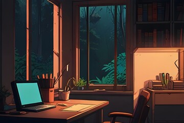 Lofi empty interior. Messy desk, window view of a forest, jungle. Anime, manga style. Colorful study lo-fi desk. Cozy chill vibe. Hip-hop atmospheric Generative AI