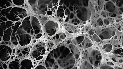 A black and white image of a fungal mycelial network appearing almost like an abstract piece of artwork. The fine filaments are arranged