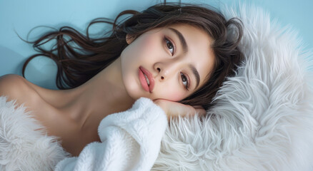 beautiful Japanese woman laying on white fur blanket, beautiful face and eyes, smooth skin, relaxed pose