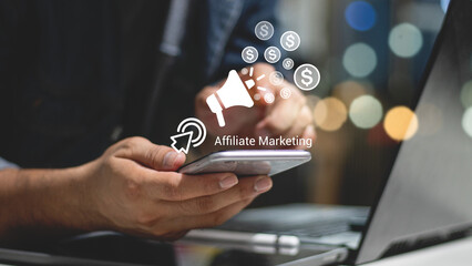 Affiliate marketing, online business model concept. Creating relationships strategy between merchants, affiliates, and customers. Generated revenue by rewarding affiliates for referring customers. - obrazy, fototapety, plakaty