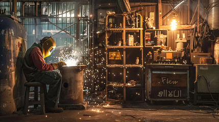 Professional welder at work Maintenance technicians are welding and grinding in their work place in the workshop. Helmets and protective gear were worn as sparks "flew" around them.