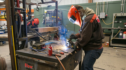 Professional welder at work Maintenance technicians are welding and grinding in their work place in...