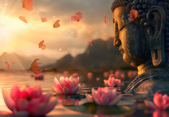 Buddha statue meditating on a lake with many lotuses flowers - obrazy, fototapety, plakaty