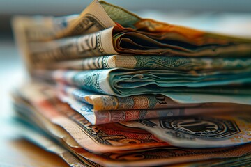 Closeup of a stack of diverse currency bills, photorealistic image under natural lighting ,3DCG,clean sharp focus