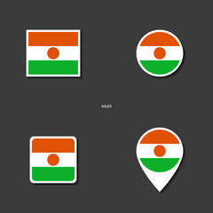 Niger flag icon set in different shape (rectangle, circle, square and marker icon) on dark grey background.