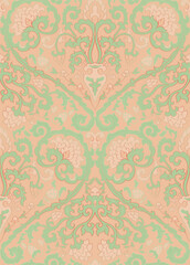 Seamless pattern with ornamental flowers. Pink and green damask ornament. Soft color background for wallpaper, textile, carpet and any surface. 