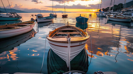 Small boats on calm water, moored in the harbor during sunset.