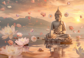 Buddha statue meditating on a lake with many lotuses flowers