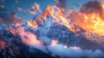 A landscape featuring a snow-covered mountain peak with sunbeams piercing through clouds