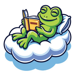 Cartoon frog enjoys reading a book while sitting on a fluffy cloud. vector illustrator.