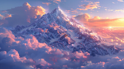 A landscape featuring a snow-covered mountain peak with sunbeams piercing through clouds - obrazy, fototapety, plakaty