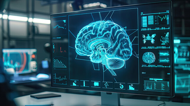 The lab studies the modern brain and tracks EEG readings and the activity of brain models. Futuristic holographic interface.