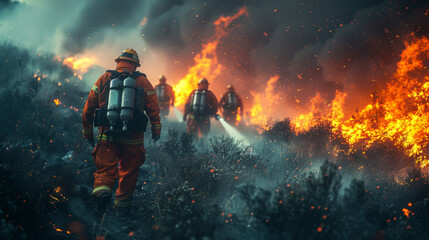 Fototapeta premium firefighters spray water to wildfire.