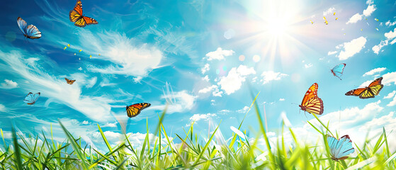 Young green juicy grass and fluttering butterflies in nature against blue spring sky with white clouds. Spring nature panorama.