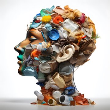 A person's face covered in trash, white background, recycling concept image