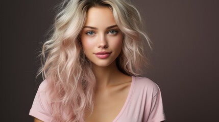 Fototapeta premium portrait of happy young caucasian blonde short hair woman on gray background.