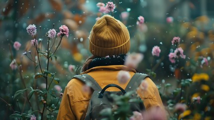 A person wearing a yellow hat and a backpack is standing in a field of flowers