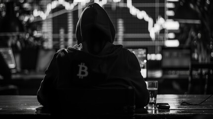 Obraz premium A man is sitting at a table with a laptop and a glass of beer