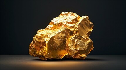 A large gold rock sits on a dark surface - obrazy, fototapety, plakaty