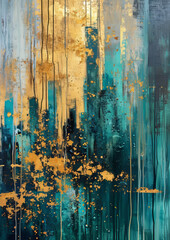 Abstract Gold and Teal Paint Drips Artwork

