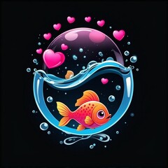 Logo vector Valentine's Day theme of Visualization of kawaii very cute a baby couple fish loved, water, black background for the tee-shirt, vivid mixing a bioluminescent