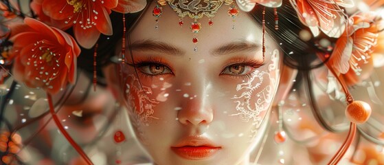 Brightly colored Chinese drama faces in fashion, stunning closeup art ,3DCG,clean sharp focus