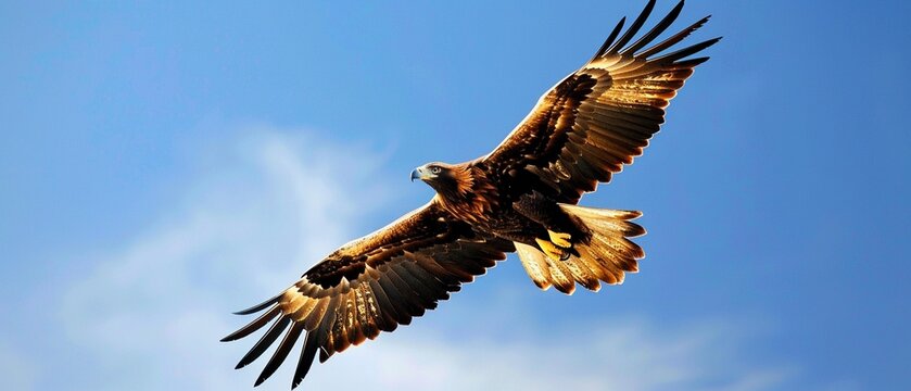 A majestic golden eagle soaring against a clear blue sky