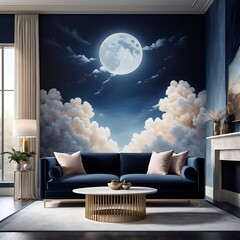 Livingroom or business hall scene light pastel color. Lounge room - blue sky paint and velor. Empty wall blank - navy background and pale tone loveseat. Luxury modern