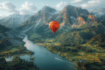 A breathtaking view of a hot air balloon floating above a majestic mountain landscape - obrazy, fototapety, plakaty